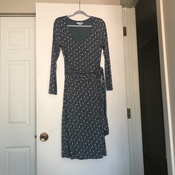 Boden Sylvia Dress US 10L tall Floral Jersey Knit Wrap Blue green midi stretchy - Picture 2 of 8
